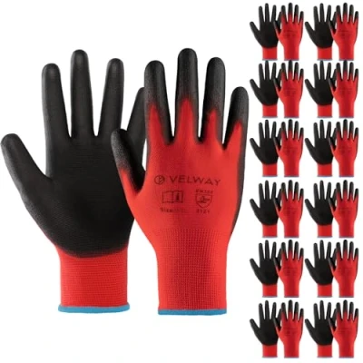 Image of Velway 12 Pairs Safety Work Gloves Firm Grip Gardening Non Slip PU Coated Lightweight Breathable Protective Mechanic Builders Working Men Women for General Duty Red (Size 9/L)
