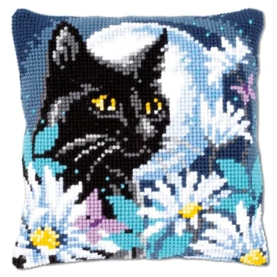 Image of Vervaco PN 0148218 Cat at Night Cross Viewing Cushion Pre Printed Cotton Multi Coloured 40 x cm