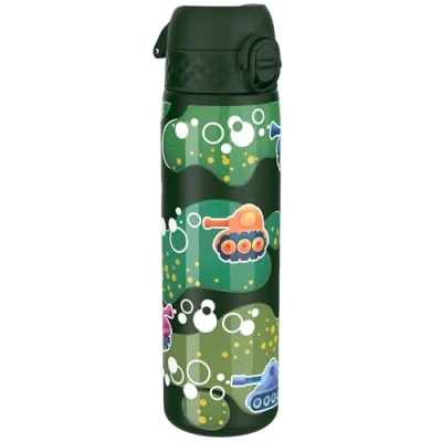 Image of Ion8 Steel Water Bottle, 600 ml/20 oz, Leak Proof, Easy to Open, Secure Lock, Dishwasher Safe, Flip Cover, Fits Cup Holders, Carry Handle, Durable, Metal Raised Print, Tanks Design