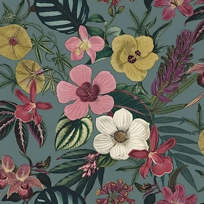 Image of SOPHIE LAURENCE Floral Orchid Wallpaper Pink Yellow Exotic Tropical Palm Leaves Smooth Textured, Washable, Strippable Paste The Paper Feature (Teal, Sample)