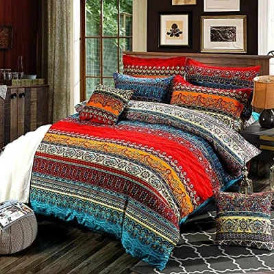 Image of Bohemian Duvet Cover Queen Colorful Floral Boho Striped Bedding Set Ultra Soft Microfiber Double Southwestern Indian Tribal Reversible Exotic Style Decor Comforter