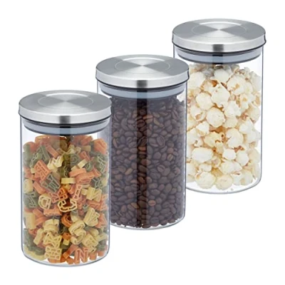 Image of Relaxdays Jars in Set of Three, Bamboo Airtight Lids, 800ml Each, Dry Food Storage, Glass, Transparent/Brown, 16 x 9.5