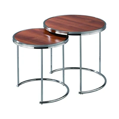 Image of ASPECT Visio Set of 2 Round Nesting Table Walnut Effect Top/Chrome Frame, Metal L 50 S :42 Dia x 45(H) cm