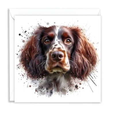 Image of Springer Spaniel Liver Dog Watercolour Splash Effect Artistic Blank Greeting Card