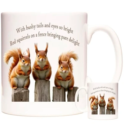 Image of KAZMUGZ Red Squirrel Mug, Three Squirrels Sitting on a Fence. 11OZ Ceramic Mug with Images of Squirrels. Gift.