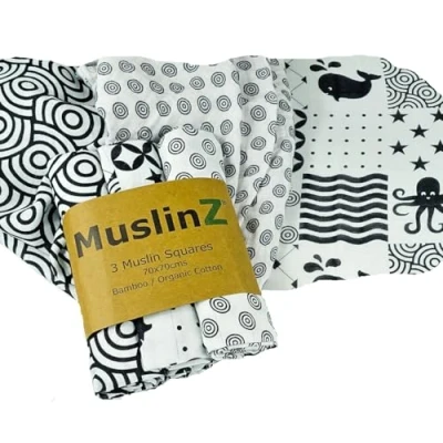 Image of MuslinZ Newborn Sensory Muslin squares in Black and White for Visual Stimulation Play. Baby Bamboo/Organic Cotton mix. (Sensory, 70x70cms)