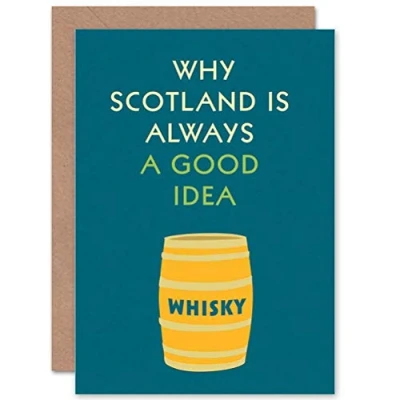 Image of Wee Blue Coo Typograph Painting Whisky Good Idea Scotland Art Sealed Greeting Card Plus Envelope Blank inside