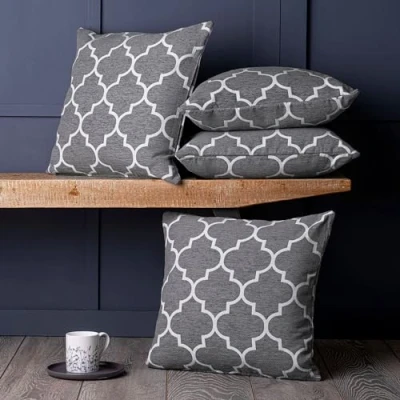 Image of Red Rainbow Set of 4 Geometric Moroccan Design Chenille 18 inch Cushion Covers (Grey)