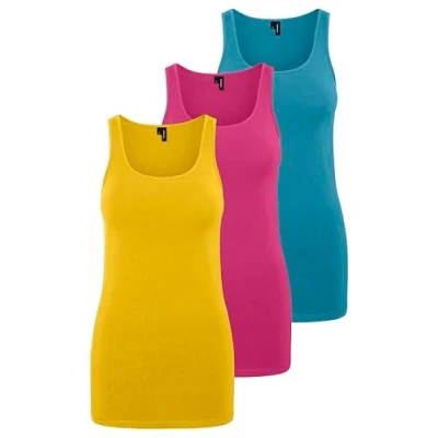 Image of VERO MODA Women&#039;s VMMAXI My Soft Long Tank Top GA, Pack of 3 (Bumblebee, Cabaret, Caneel Bay), XL