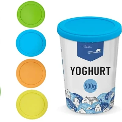 Image of Set of 4 Yoghurt Lids 500 g, Reusable Lid for Cups, Fresh Lid, Cup Silicone Almost All 150 g Cups