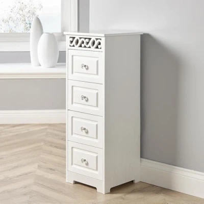 Image of Home Source White Wooden Chest Storage Unit Bedroom Organiser Bedside Tallboy, Engineered Wood, 4 Drawer