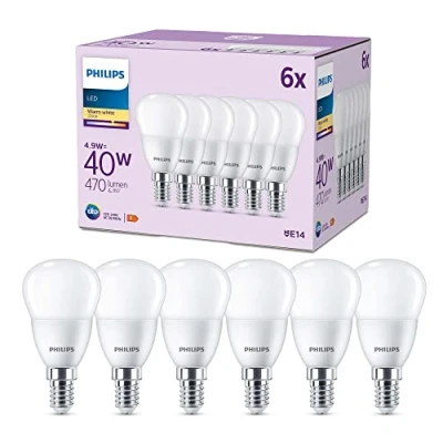 Image of PHILIPS LED Frosted P45 Golf Ball Light Bulb 6 Pack [Warm White 2700K E14 Small Edison Screw] 40W, Non Dimmable. for Home Indoor Lighting