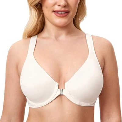 Image of Delimira Women&#039;s Front Fastening Bras Seamless Unlined Racer Back Plus Size Underwired Plunge Bra Ivory 36E