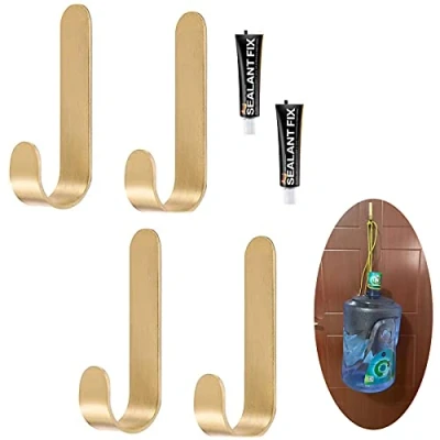 Image of zzmikiteck Brass Towel Hooks，Self Adhesive Hooks Heavy Duty Robe for Door Wall Decoration,Brass Bathroom Kitchen（4 Pack