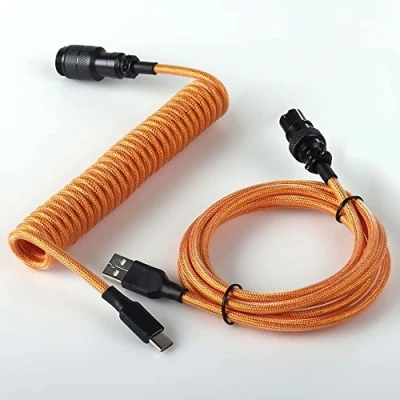 Image of Coiled Cable With Detachable Aviator Connector USB C Double Sleeved For Custom Gaming Mechanical Keyboard (Color : Black Plug Orange)