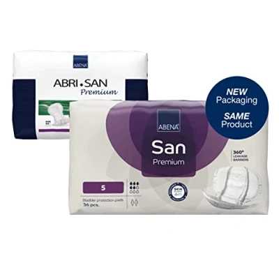 Image of ABENA San Premium Mens &amp; Womens Incontinence Pads, Breathable Comfortable, Fast Absorption, Discreet Effective Shaped Pads for Men/Women 5, 1200ml Absorbency, 4x 36PK