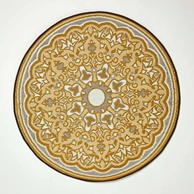 Image of HOMESCAPES Luxury Round Outdoor Rug, Reversible &amp; Seamless, Garden Rug for Patios Waterproof 100% Recycled Plastic Picnic Camping Backyard Grey Yellow Indoor/Outside Carpet Mat, 180cm Circle