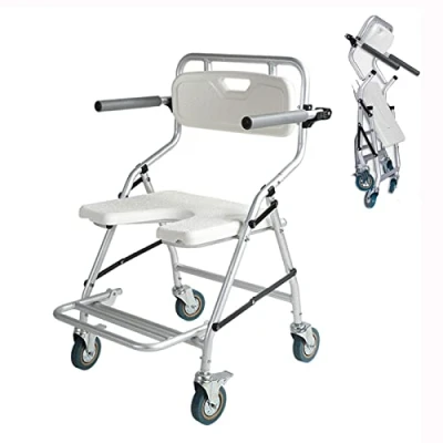 Image of VFDZ Aluminum Folding Travel Shower Chair, Commode Chair with Backrest and Potty Transfer for Aldult Elderly Handicapped, Flip Footrests, Removable,Perfect Use