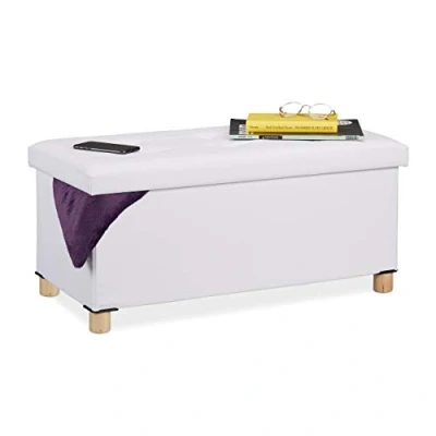 Image of Relaxdays Storage Bench, Leather Cover, Wooden Feet, H x W D: approx. 35 76 37 cm, White, Fibreboard