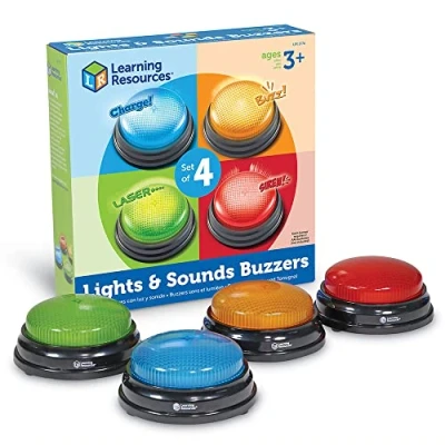 Image of Learning Resources (UK Direct Account) Lights and Sounds, Family Night Game, Game Show, Classroom Accessories, Siren, Buzzer, Set of 4, Ages 3+