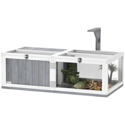 Image of PawHut Tortoise House with Lamp Holder, Wooden Enclosure Clear Observation Windows, Openable Tops, Built in Tray, 2 Room Table for Indoor Use, Light Grey