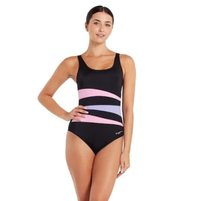 Image of Zoggs Women&#039;s Sumatra Adjustable Scoopback One Piece Swimsuit, Black/Pink/Lilac, 8