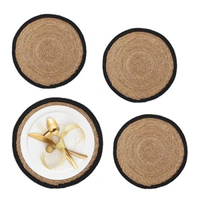 Image of Relaxdays Place Mat Set, 4x Coaster, Tableware, Table Protector, Round, Ø 37 cm, Water Hyacinth Material, Natural/Black, Plant fibre