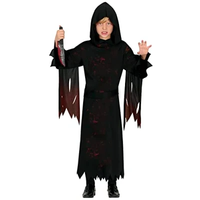 Image of FIESTAS GUIRCA Hooded Assassin Fancy Dress for Boys Black Killer Robe Kids Costume Halloween Costumes 10 12 years