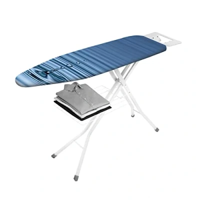 Image of Metaltex Orione Ironing Board Height Adjustable with Iron Metal Rest and Linen Shelf Perfect for Clothes, Bedding, Sheets Home Essentials Water Drop Design, 123 x 36 20 Centimetres