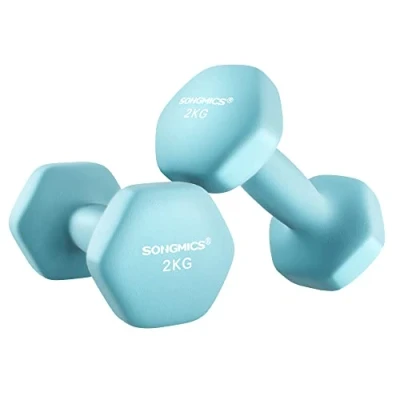 Image of SONGMICS Dumbbells Set of 2 x 2kg Hexagon Neoprene Coating Strength Training Workout Fitness Home Pale Blue SYL904Q01