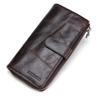 Image of Contacts Genuine Leather Cowhide Mens Secretary Long Zipper Wallet 12 Card Slots Dark Brown