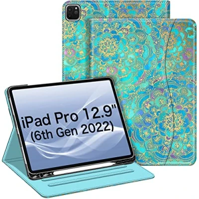 Image of FINTIE Case Compatible with iPad Pro 12.9 inch (2022/2021/2020/2018, 6th/5th/4th/3rd Generation), Multi Angle Smart Stand Cover w/Pencil Holder &amp; Pocket, Auto Sleep/Wake, Shades of Blue