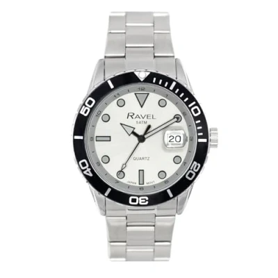 Image of Ravel Plus Men&#039;s 42mm Round 5ATM Calendar Watch Rotating Uni Directional Bezel and Sapphire Coated Lens Japanese Analogue Quartz RPD 012MB Stainless Steel/Black Bezel/Silver Dial