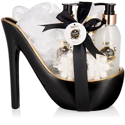Image of BRUBAKER Cosmetics Danke Mama (Thank you Mum) 6 piece Luxury Beauty Set with Rose Vanilla Scent Gift in Ceramic Stiletto Bath for Mother Black White