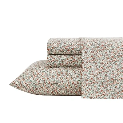 Image of Laura Ashley Queen Sheets, Cotton Percale Bedding Set, Crisp &amp; Cool Home Decor (Emogene Burnt Orange, Queen)