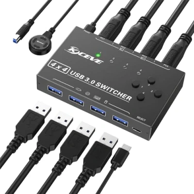 Image of USB 3.0 Switch 4 Computers, Port Selector Sharing Devices, mouse, keyboard, scanner, printer, PC Compatible With Mac/Windows/Linux. wired remote and Cable