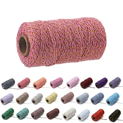 Image of 100 Yards/2 mm Coloured Cotton Rope Craft Knitting for Gift Wrapping Crafts (Gold and Rose Thread)