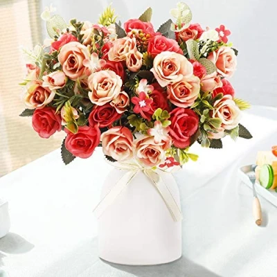 Image of LESING Artificial Silk Rose with Vase Fake Flowers Wedding Bouquets Arrangement Home Office Party Centerpiece Table Decoration (Red)