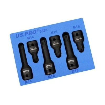 Image of US PRO Tools 6pc 1/2&quot; DR Impact Spline Bit Sockets Shallow &amp; Deep M14 M16 M18 3859