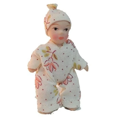 Image of Melody Jane Dolls House Baby Toddler in Spotted Suit Miniature Porcelain People