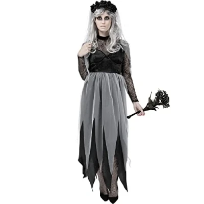 Image of Funidelia Ghost Bride Costume for woman Halloween Bride, Corpse Halloween, Horror adults accessory fancy dress &amp; props carnival parties Size XL Black