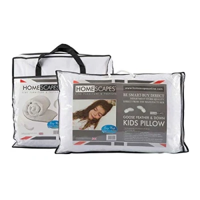 Image of HOMESCAPES Goose Feather &amp; Down Kids Duvet Pillow Set 10.5 Tog Hypoallergenic Anti Dust Mite Filling Duvet: 120x150cm Pillow: 40x60cm Soft Medium Firmness, Washable at Home, RDS Certified.