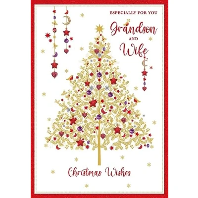 Image of Nigel Quiney Grandson and Wife Christmas Card Filigree Tree with Foil Finish Eco Friendly Recyclable