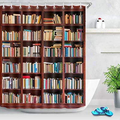 Image of LB Library Bookshelf Shower Curtain 71x78 inch Study Bookcase Bath Curtain,Books Bathroom Decor,Waterproof Anti mold Polyester Fabric