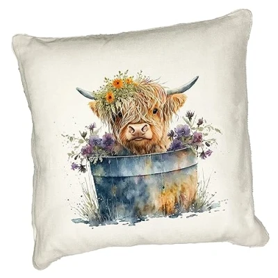 Image of Anonymous Gifting Highland Cow Printed Cushion Cover 40x40cm Linen style 3