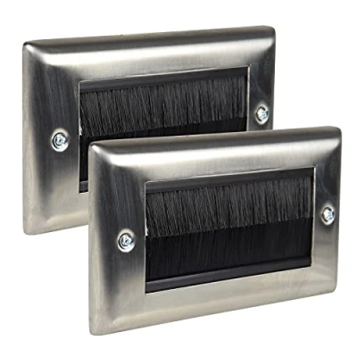 Image of Ex Pro 2 Pack Brush Wall Plate, Double Gang Steel Flush Mounted Faceplate for Outlets, Sockets and Tidy Wire Cable Silver
