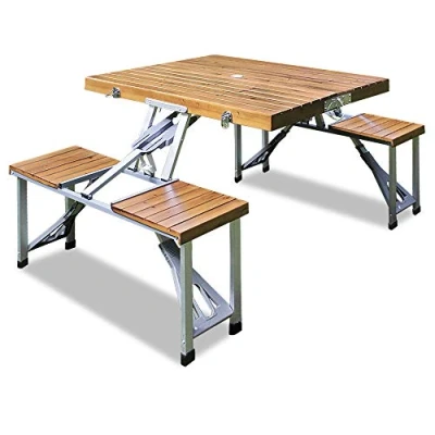 Image of Deuba® Complete Folding Picnic Set Table &amp; Chairs Seating Foldable, One Piece Outdoor Wooden and 4 Ideal For Camping, BBQ, Party Portable Furniture