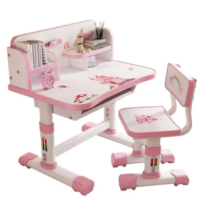 Image of cadciehe Kids Functional Desk and Chair Set, Height Adjustable Children School Study Table Set with Cartoon Pattern, Ergonomic Large Writing Board, Bookshelf Book Bucket Pi