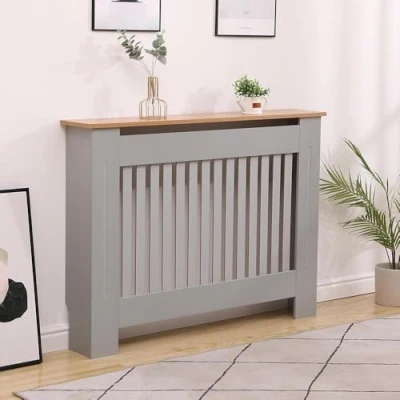 Image of Home Source Top Radiator Cover Wooden Wall Cabinet Shelf Slatted Grill, Grey Oak, Medium