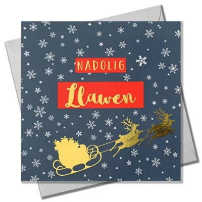 Image of Welsh Christmas Card, Sleigh and Snowflakes, text foiled in shiny gold